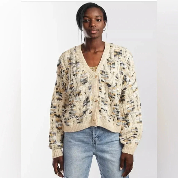 Gilded Intent Cable Knit Cardigan Sweater Cream Blue Camel Tones Size Small - Picture 1 of 12